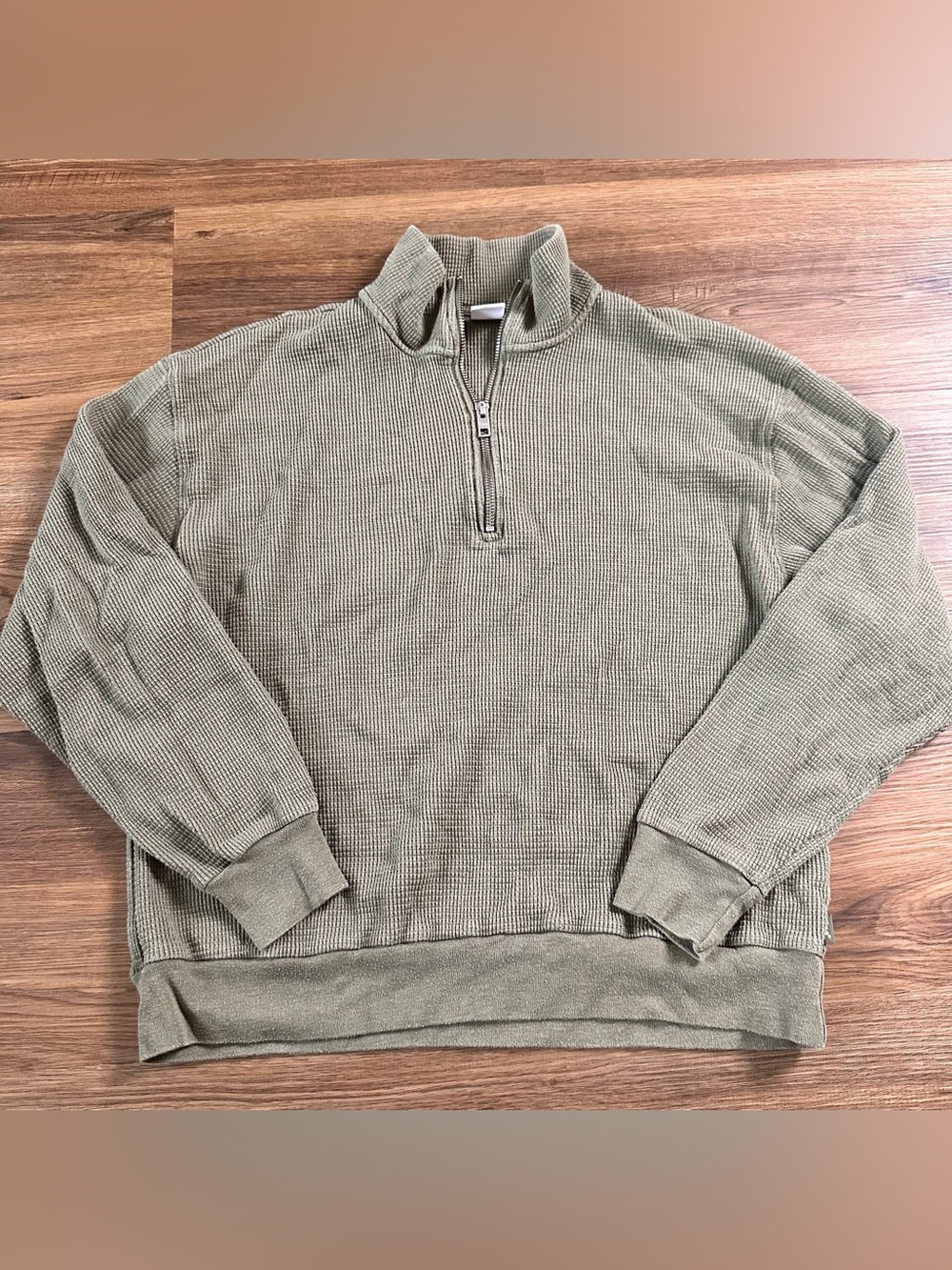 Tna Aritzia 1/4 Zip Sweater Women Medium Green Waffle Knit Thermal Pullover